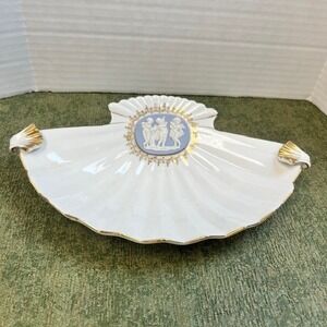 Vintage Porcelain Shell Dish Blue Jasperware Cherub Cameo Gold Trim 6998 9 Inch
